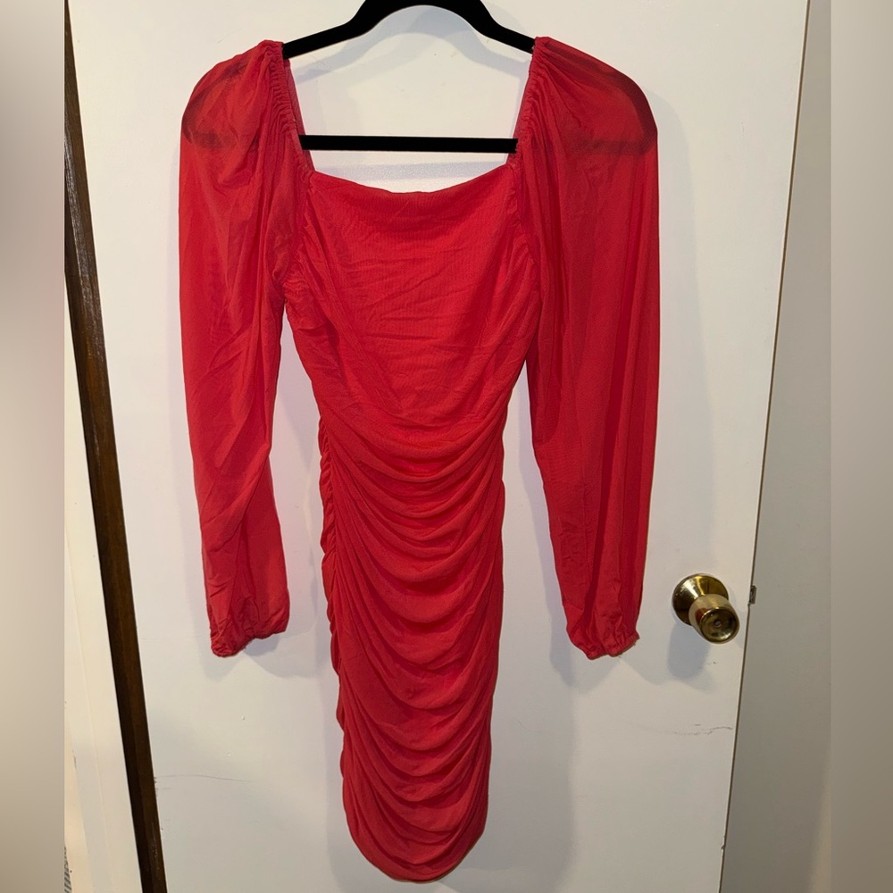 Mini Bodycon Sheer Long Sleeve Dresses Watermelon Red Size Medium
